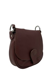 Borsa a tracolla in pelle marrone con forma arrotondata, chiusura a pattina e accessori in tonalità argento. Presenta dettagli cuciti e una superficie liscia.