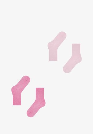 Chaussettes roses avec une couleur unie et un motif à rayures étroites, dotées d'un rebord côtelé et disponibles en différentes longueurs : chevilles et mi-mollet.