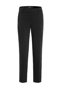 Svarta skräddarsydda byxor med rak benform, slät textur och flat midja. Har bälteshällor och en slim fit-design.