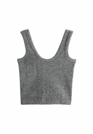 Szary prążkowany top na ramiączkach z szerokimi naramkami i dekoltem w serek, wykonany z miękkiego dzianinowego materiału, z dopasowanym krojem.