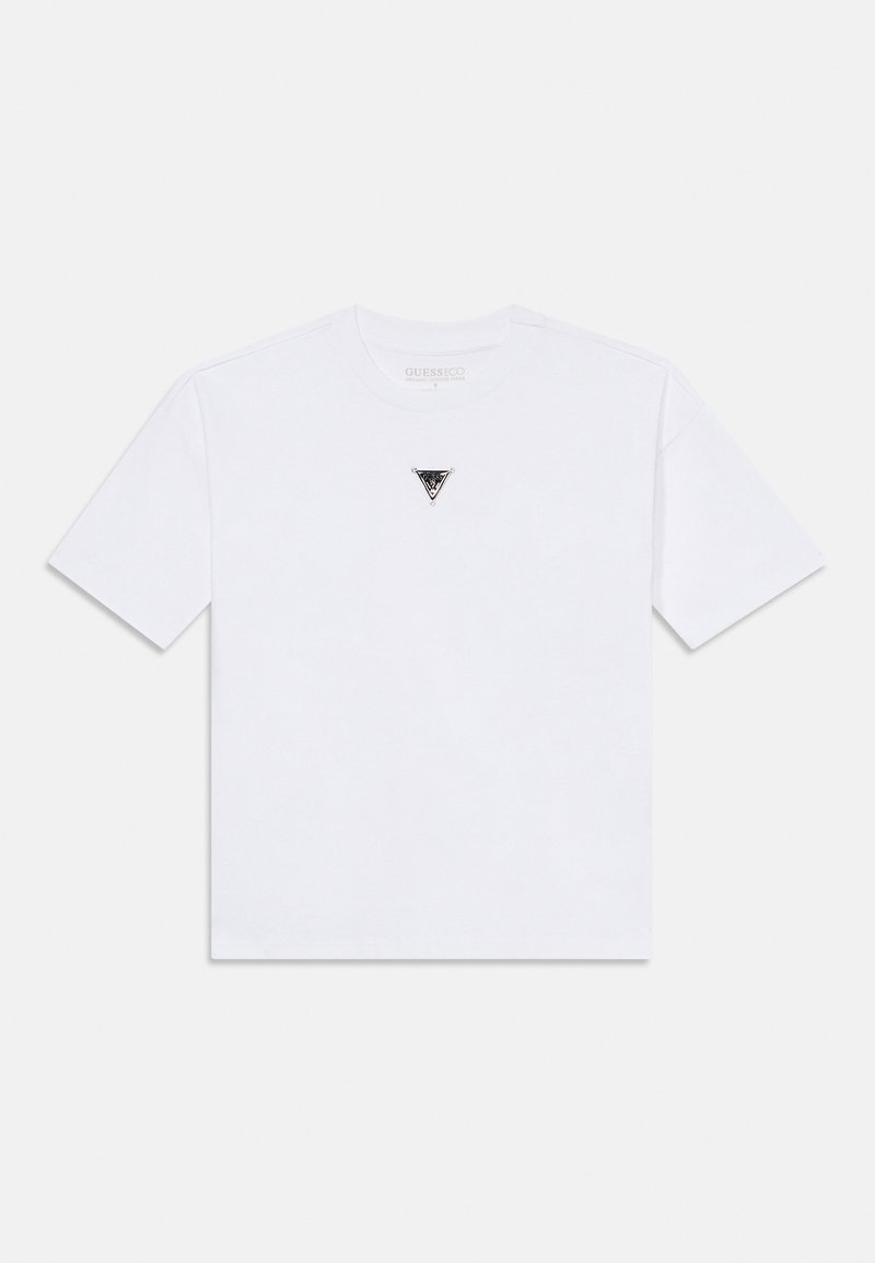 Witte katoenen T-shirt met een ronde hals en korte mouwen. Heeft een klein zwart driehoekig logo op het midden vooraan.