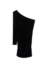 Robe en velours noir avec un décolleté asymétrique, une longue manche et une texture froncée sur le côté pour un détail supplémentaire.