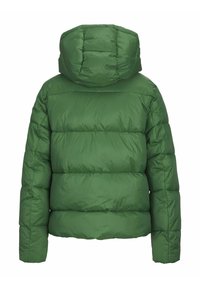 Grön puffjacka med huva, med en quiltad design och en puffig textur. Enfärgad utan synliga detaljer eller accenter.