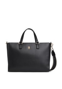 Black leather handbag with two short handles and a removable shoulder strap. Features gold-tone hardware and a prominent logo on the front.