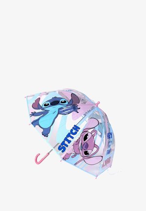 Ombrello trasparente per bambini con manico rosa, decorato con i personaggi dei cartoni animati Stitch e Angel dal film Disney Lilo & Stitch, in tonalità blu e rosa.