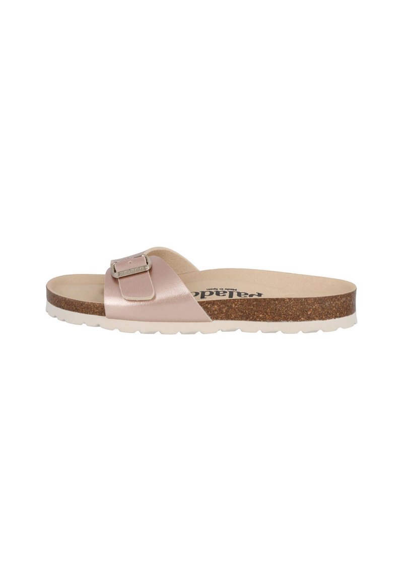 Sandal in tonalità rosa chiaro con una fibbia metallica, plantare in sughero e suola in gomma bianca. Superficie liscia con un design minimalista.