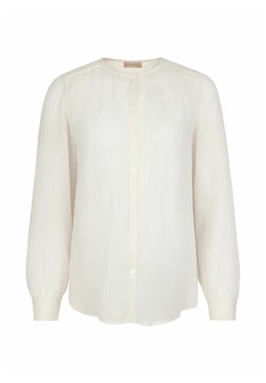 Kremowa bluzka z długim rękawem z delikatnymi pionowymi paskami, okrągłym dekoltem, zapinana na guziki z przodu oraz dopasowanymi mankietami.