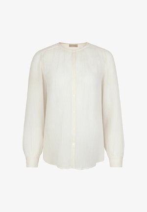 Kremowa bluzka z długim rękawem z delikatnymi pionowymi paskami, okrągłym dekoltem, zapinana na guziki z przodu oraz dopasowanymi mankietami.