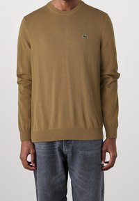Homme portant un pull marron à manches longues avec un col rond et un petit logo crocodile vert sur la poitrine gauche, accompagné d'un jean bleu.