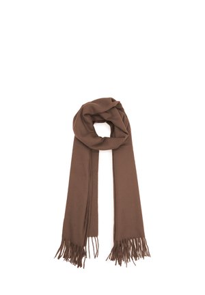 Sciarpa marrone con bordi frangiati, realizzata in materiale morbido, con una forma lunga e rettangolare, e una texture liscia in tutto.