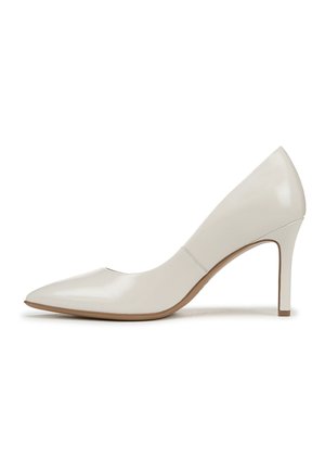 White patent leather high-heeled pump with a pointed toe, sleek silhouette, and a slender, stable heel. Smooth texture with minimal accents.