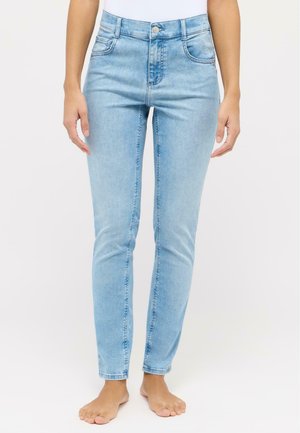 Light blue high-waisted jeans with a slim fit, featuring front pockets, a button closure, and subtle fading along the legs.