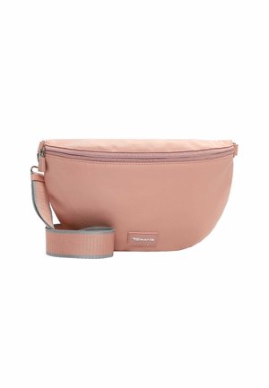Pink crossbody bag with wide adjustable strap, zippered top, and small brand logo patch on front.