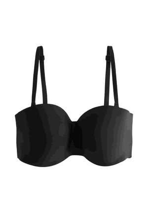 Czarny biustonosz bez ramiączek z odpinanymi cienkimi ramiączkami, gładkimi, formowanymi miseczkami i bezszwowymi.