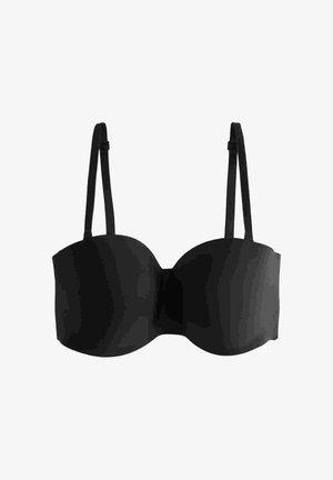 Czarny biustonosz bez ramiączek z odpinanymi cienkimi ramiączkami, gładkimi, formowanymi miseczkami i bezszwowymi.