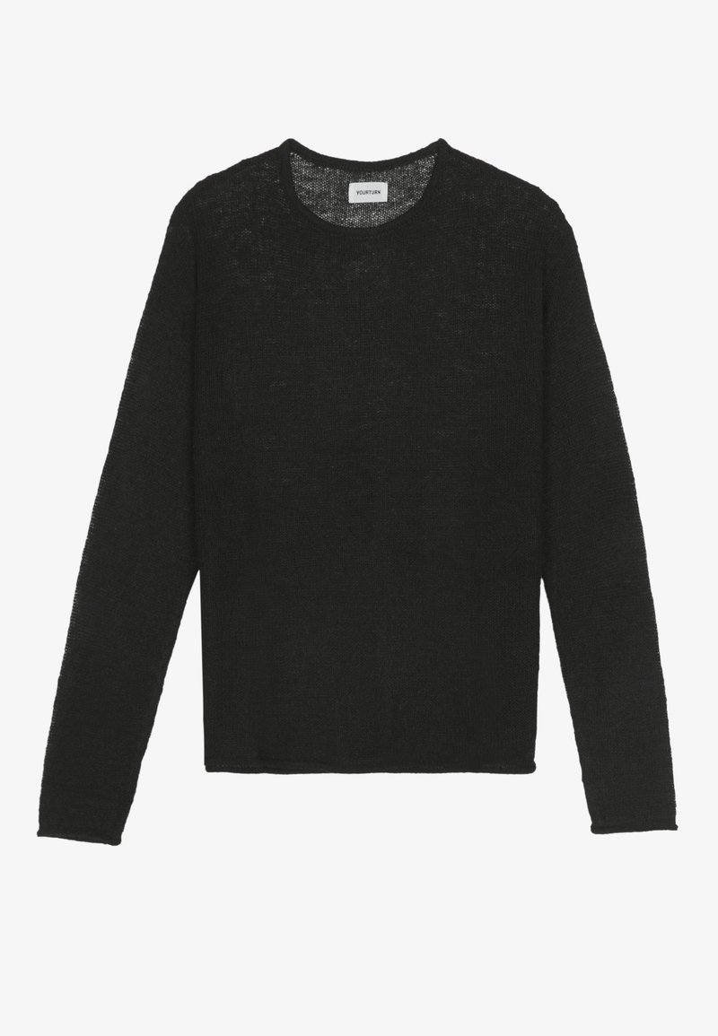Pull noir à manches longues avec col rond, motif en maille texturée et petite étiquette de marque blanche à l'intérieur du col.