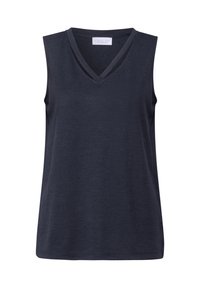 Top senza maniche blu navy con scollatura a V, realizzato in tessuto morbido, caratterizzato da linee pulite e senza ulteriori motivi o accessori.