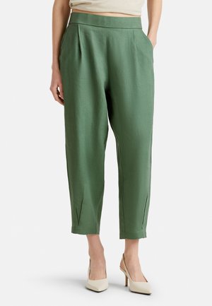 Green linen blend trousers featuring a wide leg design, front pleats, and side pockets, with a cropped length and smooth texture.