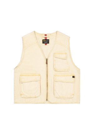 Beige cotton vest with a front zipper, two large front pockets, and reinforced stitching. Light, casual design with a straight-cut silhouette.