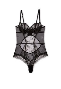 Black lace bodysuit with structured cups, sheer mesh panels, and scalloped lace trim. Features adjustable straps and a hook closure.