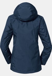 Marinblå vattentät jacka med huva, med en slät yta och en enkel design. Bakifrån visas sömdetaljer och en avslappnad passform.