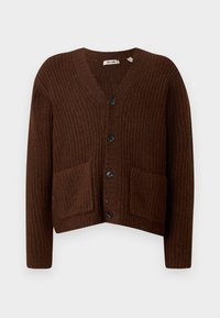Brown ribbed cardigan featuring a V-neck, front pockets, and black buttons; made of soft, textured fabric in a cropped design.