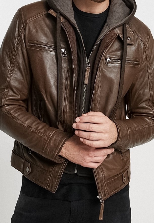 Brun læderjakke med grå hætte, der har lynlåslommer, teksturerede sømme og en tætsiddende pasform. Justerbare snore ved hætten.