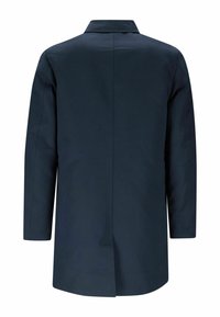 Dunkelblauer Mantel aus glattem, mattem Stoff. Mit klassischem Kragen, langen Ärmeln und einem geraden Rückendesign mit einer Mittelnaht.