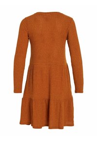 Abito a maniche lunghe, a coste, di colore arancione con gonna svasata e orlo a strati, dotato di scollatura tonda. Tessuto di maglia morbido.
