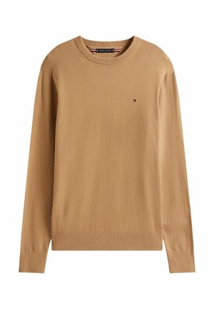 Brown knitted sweater with a round neck, ribbed cuffs and hem, featuring a small logo accent on the chest. Lightweight and textured fabric.