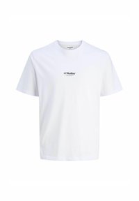 White cotton t-shirt with short sleeves, round neckline, featuring a small black "JJ Studios" logo on the front. Simple design, regular fit.