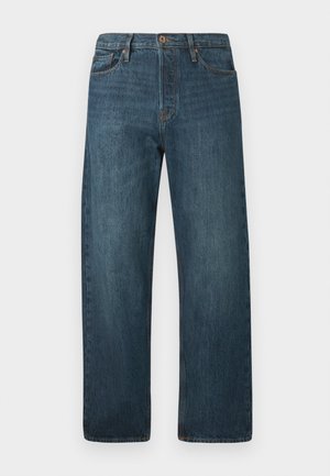 Dark blue straight-leg denim jeans with five pockets, button closure, and belt loops on a plain white background.