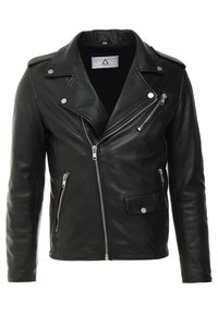 Chaqueta de moto de cuero negro con cremallera asimétrica, hombreras y bolsillos con cremallera. Textura suave, diseño ajustado y acabado mate.