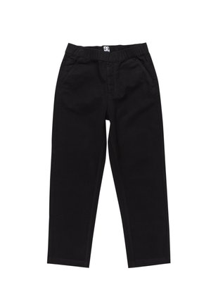 Zwarte katoenen broek met een elastische tailleband, zijzakken en recht gesneden benen. Bevat minimale stikseldetails en een logo op de tailleband.