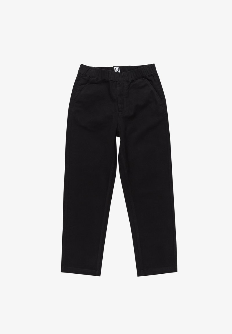 Svarta bomullshängselbyxor med elastisk midja, sidofickor och raka ben. Har minimala sömnadsdetaljer och en logotyp på midjan.