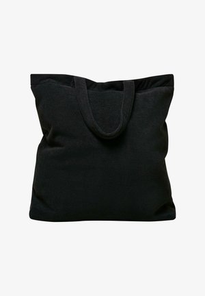 Bolsa de tela negra con dos asas superiores, de forma rectangular, superficie texturizada y un interior espacioso para varios artículos.