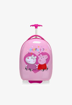 Maleta infantil rosa con acabado brillante, con personajes de Peppa Pig sobre un fondo de corazones. Mango telescópico y ruedas resistentes.