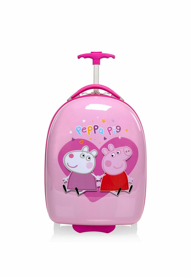 Rosa Kinderkoffer mit glänzender Oberfläche, verziert mit Peppa Pig-Figuren auf einem Herz-Hintergrund. Teleskopgriff und robuste Räder.