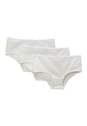 Trois culottes blanches en coton de style hipster pour femmes, ornées de petits nœuds à la ceinture, disposées en rangée empilée.