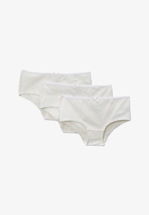 Trois culottes blanches en coton de style hipster pour femmes, ornées de petits nœuds à la ceinture, disposées en rangée empilée.