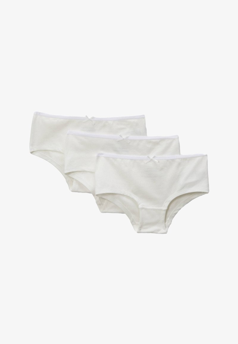 Trois culottes blanches en coton de style hipster pour femmes, ornées de petits nœuds à la ceinture, disposées en rangée empilée.