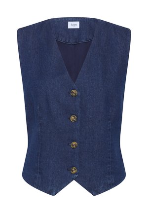 Dunkelblaues Denim-Westen mit tiefem V-Ausschnitt, vier goldenen Knöpfen vorne und einer taillierten Silhouette. Glatte Textur mit minimalen Details.