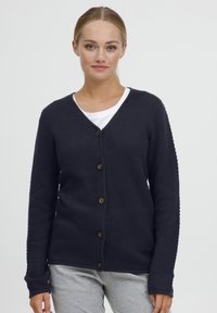 Navy blue cardigan with a textured knit design, featuring a V-neck, long sleeves, and five brown buttons down the front.