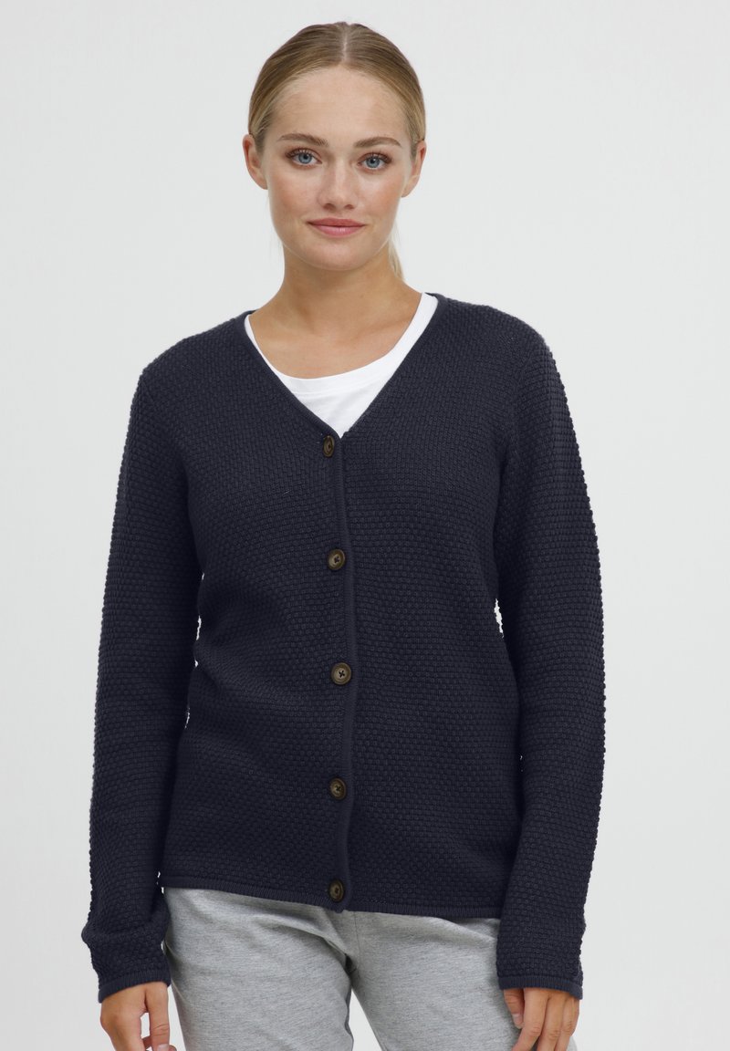 Navy blue cardigan with a textured knit design, featuring a V-neck, long sleeves, and five brown buttons down the front.