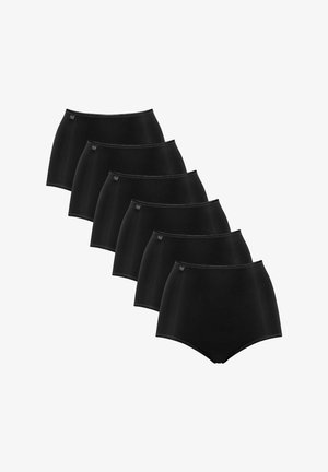 Six culottes noires taille haute disposées en rangée décalée sur fond blanc, chacune avec une petite étiquette en tissu sur le côté gauche.