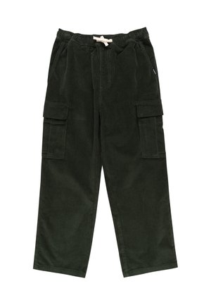 Pantalon large en velours côtelé vert foncé avec taille élastique, cordon blanc, poches latérales et poches cargo sur chaque jambe.
