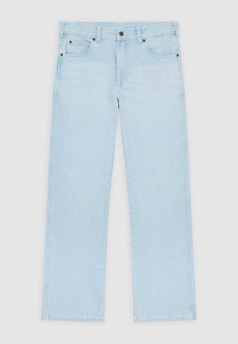 Lichtblauwe denim jeans met rechte pijpen, voor- en achterzakken, ceintuurlussen en een knoopsluiting in de taille.