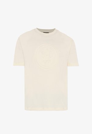 T-shirt crème à manches courtes avec un logo circulaire en relief présentant une empreinte de patte et un visage sur le devant, fabriqué en tissu doux et texturé.