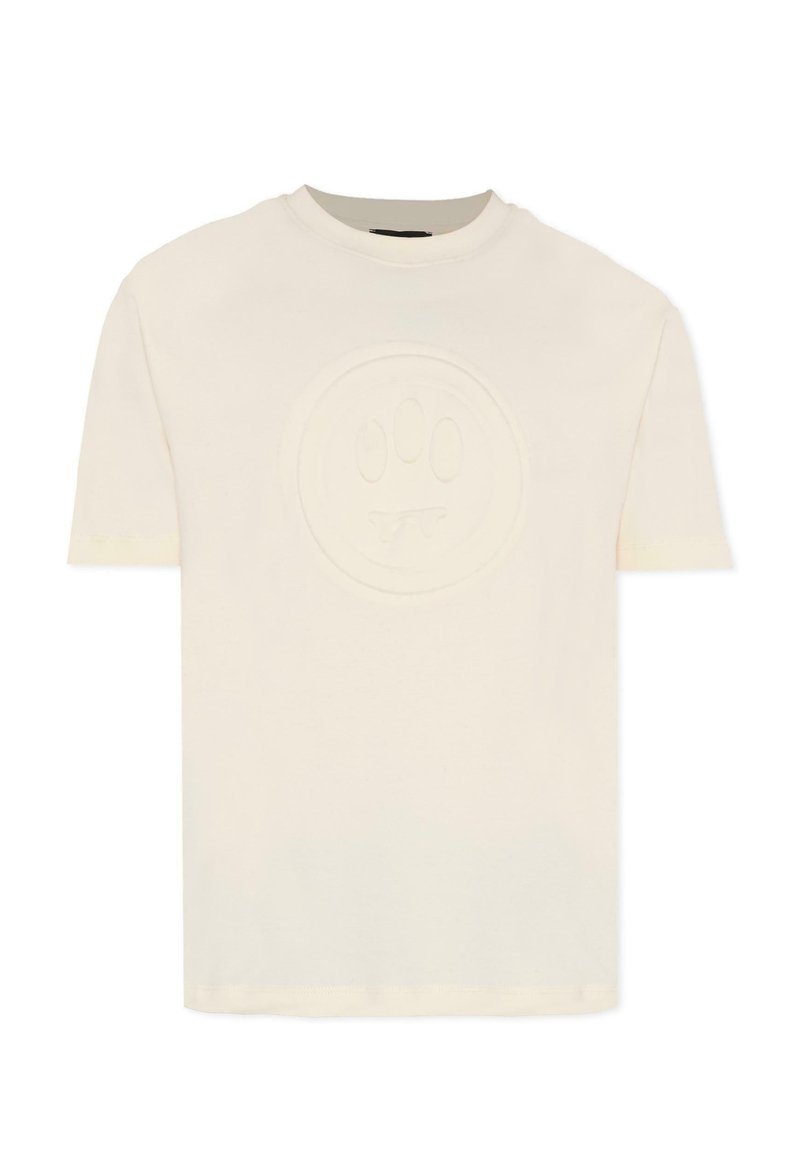 Kremowa koszulka z krótkim rękawem z wypukłym okrągłym logo z nadrukiem łapy i twarzy na przodzie, wykonana z miękkiej, teksturowanej tkaniny.