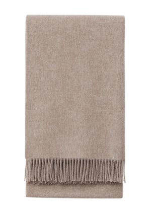 Beige throw blanket made of soft fabric, featuring a smooth texture and finished with long fringe along one edge.
